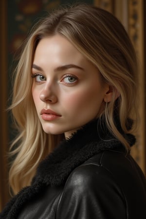 Full body, beautiful woman with long blonde hair, green eyes and sensuous appearance, wearing black leather jacket, he is staring at the viewer with a blushing expression., in a dreamy place, surreal environment, (best quality, 16,000, masterpiece:1.2), highly detailed, (realistic:1.37), surreal, highly detailed eyes and face, highly detailed skin, long eyelashes, beautiful and delicate lips, detailed nose is quite pretty., high contrast lighting, atmospheric lighting, dramatic lighting, vivid colors, warm color palette, glowing skin, volumetric lighting, depth of field, cinematic composition