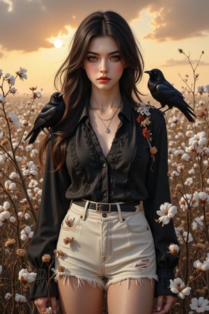 A magnificent oil painting masterpiece unfolds before us. The Scarecrow Maiden stands tall, mid-shot, surrounded by a vast cotton field. Her stern gaze, smoky makeup, and style, adorned with old, dry branches, rags, and dried flowers, evoke a sense of mystery. Her vivid black top and pure white shorts harmonize with the cotton field and contrast with the natural tones of the setting sun. Two crows sit on her arms, their feathers rendered in exquisite detail. Every aspect of this fantasy world is meticulously crafted. Textures, skin, wrinkles, and hair all blend together perfectly, inviting the viewer into this surreal realm.