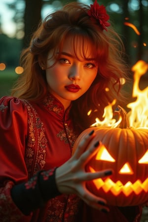 (Clear High Definition: 1.1), (Full body emitting fire, heavy atmosphere), 20 years old, girl, yellow irises glowing with fire, dark night, very low angle, a sly smile on her face, lips with black lipstick, wavy bangs covering her forehead, long voluminous fiery red hair flowing down her cheeks and partially covering her face, reflecting a lively and energetic atmosphere. The red dress decorated with ornate embroidery has elaborate details. The witch with black nails is in a dynamic pose, holding a Halloween pumpkin engulfed in blazing fire, and showing off a pumpkin flower in one hand. The subject's features are highly detailed and orientally anatomically correct, as is the scene where the light from the pumpkin she is holding is backlit and illuminates the witch's face. The vividly colored subject contrasts with the blurred natural background. Every texture, realistic skin, wrinkle, and hair is rendered in 8K resolution with photo-realistic picture quality, inviting the viewer into a dreamlike world.