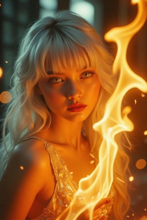 (Clear High Definition: 1.1), (Full body flashing fire, overall mysterious white theme), cinematic lighting, ambient lighting, 17 years old, girl, yellow irises glowing with fire, very low angle, sly smile on face, lips with black lipstick, wavy bangs covering forehead, long straight white hair flowing down cheeks and partially covering face, reflecting a lively and energetic atmosphere. The stained glass patterned dress has exquisite details. She has black nails and is in a dynamic pose, the features of the subject engulfed in blazing fire are highly detailed, oriental and anatomically correct, as is the scene where the light is backlit and illuminates the face. The vividly colored subject contrasts with the blurred natural background. All textures, realistic skin, wrinkles and hair are rendered in 8K resolution with photo-realistic quality, inviting viewers into a dreamlike world.