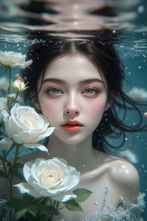 (Best quality, 8k, Highly detailed realistic photo), (Cinematic soft lighting), Side lighting, High quality precision, Serene, Capturing the refined features of a young woman posing with delicate white roses, radiating elegance. Half of her face floats on the rippling water surface, while the other half is submerged in water, creating a mysterious atmosphere. Her porcelain skin, softly lit from above, glows against the subtle underwater background. Colorful underwater bubbles, exquisite details. The subject's features are highly detailed and anatomically correct, and the vividly colored subject stands out against the random natural background. Every texture, every realistic skin, every wrinkle, every hair is rendered in 8k resolution with realistic picture quality, inviting the viewer into this dreamlike world.