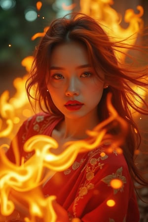 (Clear High Definition: 1.1), (Breathing fire from the whole body, heavy atmosphere), 17 years old, girl, yellow irises glowing with fire, very low angle, sly smile on face, lips with black lipstick, wavy bangs covering forehead, long fiery red hair flowing down cheeks and partially covering face reflects a lively and energetic atmosphere. The red dress decorated with ornate embroidery has exquisite details. The witch with black nails is in a dynamic pose, and the features of the subject engulfed in blazing fire are highly detailed and oriental and anatomically correct, as is the scene where the light is backlit and illuminates her face. The vividly colored subject contrasts with the blurred natural background. All textures, realistic skin, wrinkles, and hair are rendered in 8K resolution with photo-realistic quality, inviting viewers into a dreamlike world.