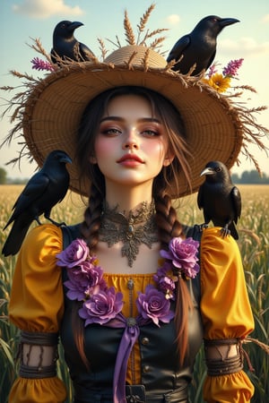 (Supernatural Portrait, Masterpiece, Dark Fantasy: 1.2, Oil Painting, Painting), Highly detailed and exquisite detail: 1.4, Upper body mid-shot, in the center of the frame is a girl dressed as a scarecrow, surrounded by a wide green barley field. The scarecrow, made of dry branches, dried flowers and straw, has a joyful expression and a happy smile, has smoky makeup, and wears an old and worn wide-brimmed straw hat that falls just below her eyebrows. She is wearing a vividly colored pearl yellow cotton shirt and purple velvet gloves, her arms are outstretched to the side, and two crows are sitting on her arms, which are very detailed and depicted. There is a sunset and natural light in the background. The subject's features are highly detailed and anatomically correct, and the vividly colored subject is set against a random natural background. Every texture, every realistic skin, every wrinkle, every hair is rendered in 8k resolution with realistic painting quality, inviting the viewer into this dreamlike world.