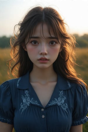 (Cinematic Lighting, Sunset: 1.2, High Definition), 20 years old, a girl, close-up of the upper body, extremely low angle, sparkling sapphire eyes, neat bangs and brown wavy long hair, she looks at the camera and expresses sad emotions, the scene has exquisite details that reflect the mood. (Embroidery on the neckline and sleeve ends, wearing a navy puff short-sleeved shirt), the subject's features are highly detailed and anatomically correct, the vividly colored subject is set against a random natural background. Every texture, every realistic skin, every wrinkle, every hair is rendered in 8k resolution with realistic painting quality, inviting the viewer into this dreamlike world.