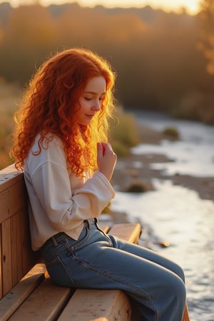 Very realistic photo, natural light, realistic, highly detailed, photo, masterpiece, high quality, A whimsical realistic piece featuring a girl with long curly red hair sitting on a wooden bench in a serene atmosphere, a luminous girl by Daniil Suponitskiy. She is wearing loose jeans and a white shirt, and her thoughtful smile and cute expression radiate warmth. Soft light emissions illuminate the scene, and the golden hour casts a warm glow on the river flowing gently in the background, the subtle ripples reflecting the serenity of the moment.