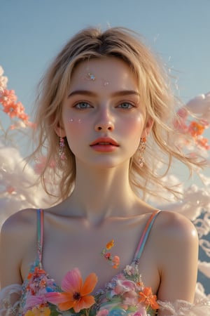 A serene and surreal landscape: a Finnish girl stands tall on a thin white cloud, illuminated by soft studio lighting. A gradient rainbow dress in a floral fashion accentuates her mature figure. Against a backdrop of a sunset-tinted blue sky in red and gold, a spotlight highlights her dynamic pose, revealing delicate eyes with long eyelashes and symmetrical features framed by blond curls. A small butterfly-patterned hairpin adorns her left ear, and a jewel in her hair focuses attention on her flawless face. In close-up, the camera captures every detail of her stunning face in soft light.