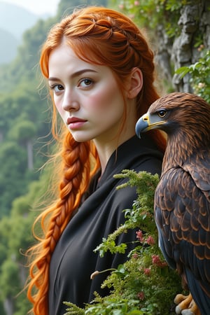 A majestic young woman with vibrant orange-blond locks cascading down her porcelain skin as she perches on a windswept cliffside, her unblemished features gazing directly at the viewer with an air of vulnerability. The regal eagle's piercing gaze beside her matches the observer's, its feathers rendered in exquisite detail against the lush forest's emerald hues and intricate textures.