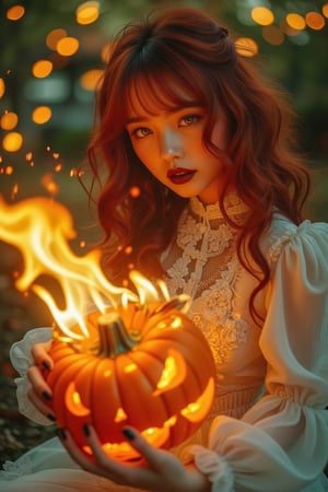 (Clear High Definition: 1.1), (Full body emitting fire, heavy atmosphere), 20 years old, girl, yellow irises glowing with fire, very low angle, face with a sly smile, lips with black lipstick, wavy bangs covering the forehead, long voluminous fiery red hair flowing down the cheeks and partially covering the face, reflecting a lively and energetic atmosphere. The white dress decorated with ornate embroidery has elaborate details. The witch with black nails is holding a Halloween pumpkin engulfed in blazing fire, and is in a dynamic pose showing off a pumpkin flower held in one hand. The subject's features are highly detailed and orientally anatomically correct, especially in the scene where the light from the pumpkin she is holding is backlit and illuminates the witch's face. The vividly colored subject contrasts with the blurred natural background. Every texture, realistic skin, wrinkle, and hair is rendered in 8K resolution with photo-realistic picture quality, inviting the viewer into a dreamlike world.