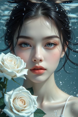 (Best quality, 8k, highly detailed realistic watercolor), (Cinematic soft lighting), Cinematic lighting, side lighting, side lighting, precise high quality, serene close-up captures the refined features of a young Chinese woman's face, posing with delicate white roses, exuding elegance. Realistic rain captured in slow motion, raindrops form on her skin, bounce like sparkles, sparkle like jewels, creating a beautiful atmosphere. Half of her face floats above the rippling water surface, while the other half is submerged, creating a mysterious atmosphere. Her porcelain skin, softly illuminated from above, glows against the subtle underwater background. There is exquisite detail. The subject's features are highly detailed and anatomically correct, and the vividly colored subject stands out against a random natural background. Every texture, every realistic skin, every wrinkle, every hair is rendered in 8k resolution with realistic painting quality, inviting the viewer into this dreamlike world.