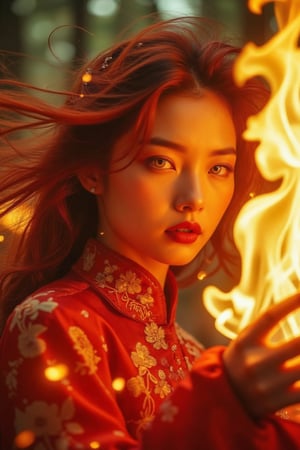 (Clear High Definition: 1.1), (Breathing fire from the whole body, heavy atmosphere), 17 years old, girl, yellow irises glowing with fire, very low angle, sly smile on face, lips with black lipstick, wavy bangs covering forehead, long fiery red hair flowing down cheeks and partially covering face reflects a lively and energetic atmosphere. The red dress decorated with ornate embroidery has exquisite details. The witch with black nails is in a dynamic pose, and the features of the subject engulfed in blazing fire are highly detailed and oriental and anatomically correct, as is the scene where the light is backlit and illuminates her face. The vividly colored subject contrasts with the blurred natural background. All textures, realistic skin, wrinkles, and hair are rendered in 8K resolution with photo-realistic quality, inviting viewers into a dreamlike world.