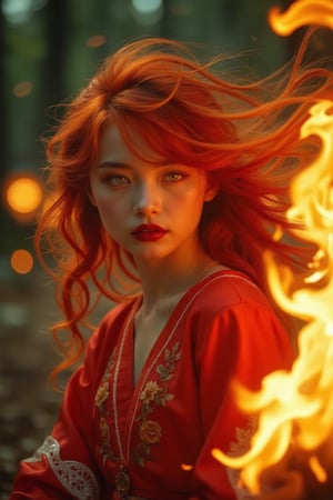 (Clear High Definition: 1.1), (Breathing fire from the whole body, heavy atmosphere), 17 years old, girl, yellow irises glowing with fire, very low angle, sly smile on face, lips with black lipstick, wavy bangs covering forehead, long fiery red hair flowing down cheeks and partially covering face reflects a lively and energetic atmosphere. The red dress decorated with ornate embroidery has exquisite details. The witch with black nails is in a dynamic pose, and the features of the subject engulfed in blazing fire are highly detailed and oriental and anatomically correct, as is the scene where the light is backlit and illuminates her face. The vividly colored subject contrasts with the blurred natural background. All textures, realistic skin, wrinkles, and hair are rendered in 8K resolution with photo-realistic quality, inviting viewers into a dreamlike world.