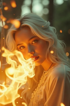 (Clear High Definition: 1.1), (Breathing fire from her whole body, overall white and ivory theme), cinematic lighting, ambient lighting, 17 years old, girl, yellow irises glowing with fire, very low angle, sly smile on her face, black lipstick lips, wavy bangs covering her forehead, long straight white hair flowing down her cheeks and partially covering her face reflect a lively and energetic atmosphere. The dress decorated with ornate embroidery has exquisite details. The witch with black nails is in a dynamic pose, and the features of the subject engulfed in blazing fire are highly detailed and oriental and anatomically correct, as is the scene where the light is backlit and illuminates her face. The vividly colored subject contrasts with the blurred natural background. All textures, realistic skin, wrinkles, and hair are rendered in 8K resolution with photo-realistic quality, inviting the viewer into a dreamlike world.