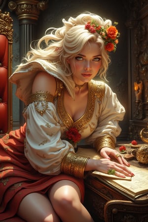 (Masterpiece), (Best Quality), Fantasy, Highly Detailed, Intricate, Highly Detailed, Illustration, Soft Lighting, One Woman, Orange Hair Flower, Dress, Bending Over and Smiling With Teeth, (Perfect Face), Seat, Desk, Ornate, Intricate, Dramatic Lighting, Detailed Background, Corrosive Material, Full Body, Digital Illustration,