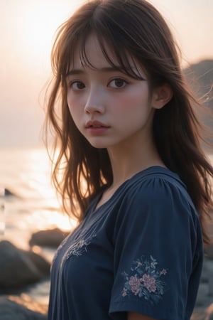 (Cinematic Lighting, Sunset: 1.2, High Definition), 17 years old, a girl, close-up of the upper body, extremely low angle, sparkling sapphire eyes, neat bangs and brown wavy long hair, she looks at the camera and expresses sad emotions, the scene has exquisite details that reflect the mood. (Embroidery on the neckline and sleeve ends, wearing a navy puff short-sleeved shirt), the subject's features are highly detailed and anatomically correct, the vividly colored subject is set against a random natural background. Every texture, every realistic skin, every wrinkle, every hair is rendered in 8k resolution with realistic painting quality, inviting the viewer into this dreamlike world.