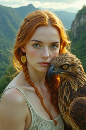 A majestic young woman with vibrant orange-blond locks cascading down her porcelain skin as she perches on a windswept cliffside, her unblemished features gazing directly at the viewer with an air of vulnerability. The regal eagle's piercing gaze beside her matches the observer's, its feathers rendered in exquisite detail against the lush forest's emerald hues and intricate textures.