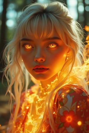 (Clear High Definition: 1.1), (Full body flashing fire, overall mysterious white theme), cinematic lighting, ambient lighting, 17 years old, girl, yellow irises glowing with fire, very low angle, sly smile on face, lips with black lipstick, wavy bangs covering forehead, long straight white hair flowing down cheeks and partially covering face, reflecting a lively and energetic atmosphere. The stained glass patterned dress has exquisite details. She has black nails and is in a dynamic pose, the features of the subject engulfed in blazing fire are highly detailed, oriental and anatomically correct, as is the scene where the light is backlit and illuminates the face. The vividly colored subject contrasts with the blurred natural background. All textures, realistic skin, wrinkles and hair are rendered in 8K resolution with photo-realistic quality, inviting viewers into a dreamlike world.