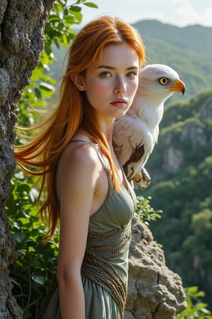 A majestic young woman with vibrant orange-blond locks cascading down her porcelain skin as she perches on a windswept cliffside, her unblemished features gazing directly at the viewer with an air of vulnerability. The regal eagle's piercing gaze beside her matches the observer's, its feathers rendered in exquisite detail against the lush forest's emerald hues and intricate textures.