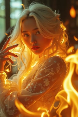 (High Definition: 1.1), (Full body flashing fire, overall mysterious white theme), cinematic lighting, ambient lighting, 17 years old, girl, yellow irises glowing with fire, very low angle, sly smile on face, lips with black lipstick, wavy bangs covering forehead, long straight white hair flowing down cheeks and partially covering face, reflecting a lively and energetic atmosphere. The stained glass patterned dress has exquisite details. She has black nails and is in a dynamic pose, the features of the subject engulfed in blazing fire are highly detailed, oriental and anatomically correct, and the same goes for the scene where the light is backlit and illuminates the face. The vividly colored subject contrasts with the blurred natural background. All textures, realistic skin, wrinkles and hair are rendered in 8K resolution with photo-realistic quality, inviting viewers into a dreamlike world.