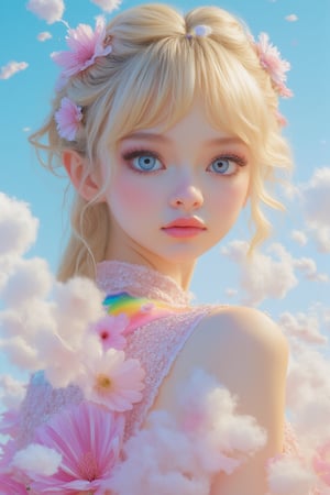 A serene and surreal landscape: a Finnish girl stands tall on a wispy white cloud, bathed in soft studio lighting. Her gradient rainbow dress, patterned with lotus blooms, shimmers in vivid colors. The spotlight highlights her dynamic pose, showcasing delicate eyes with long eyelashes, symmetrical features framed by blonde curly hair. A small lotus hairpin adorns her left ear, and a jewelry ornament on her head draws attention to her flawless face. Close-up, the camera captures every detail of her stunning visage against a brilliant blue sky.