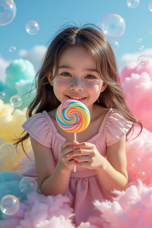 A whimsical Andersen-inspired scene unfolds. A 17-year-old girl sits serenely on a colorful cloud of blue, pink, yellow and green, her delicate hands holding a magnificent lollipop decorated with vivid swirls. The subject’s characteristically intricately detailed skin, defined eyebrows and happy smile are anatomically correct. Surrounded by lush and unpredictable transparent bubbles, the girl’s realistic face invites reflection. In the midst of the unrealistic scene and situation, the sweet atmosphere is heightened by the exquisitely beautiful and aesthetically pleasing cinematic lighting.