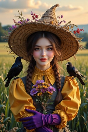 (Supernatural Portrait, Masterpiece, Dark Fantasy: 1.2, Oil Painting, Painting), Highly detailed and exquisite detail: 1.4, Upper body mid-shot, in the center of the frame is a girl dressed as a scarecrow, surrounded by a wide green barley field. The scarecrow, made of dry branches, dried flowers and straw, has a joyful expression and a happy smile, has smoky makeup, and wears an old and worn wide-brimmed straw hat that falls just below her eyebrows. She is wearing a vividly colored pearl yellow cotton shirt and purple velvet gloves, her arms are outstretched to the side, and two crows are sitting on her arms, which are very detailed and depicted. There is a sunset and natural light in the background. The subject's features are highly detailed and anatomically correct, and the vividly colored subject is set against a random natural background. Every texture, every realistic skin, every wrinkle, every hair is rendered in 8k resolution with realistic painting quality, inviting the viewer into this dreamlike world.