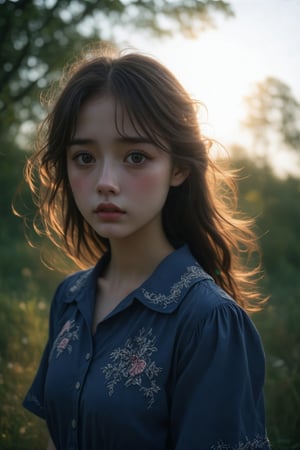 (Cinematic Lighting, Sunset: 1.2, High Definition), 20 years old, a girl, close-up of the upper body, extremely low angle, sparkling sapphire eyes, neat bangs and brown wavy long hair, she looks at the camera and expresses sad emotions, the scene has exquisite details that reflect the mood. (Embroidery on the neckline and sleeve ends, wearing a navy puff short-sleeved shirt), the subject's features are highly detailed and anatomically correct, the vividly colored subject is set against a random natural background. Every texture, every realistic skin, every wrinkle, every hair is rendered in 8k resolution with realistic painting quality, inviting the viewer into this dreamlike world.