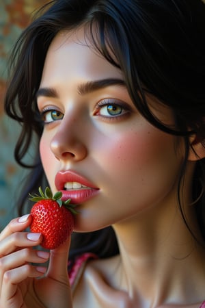 A masterpiece of vivid color and meticulous detail unfolds as a dark-haired woman tastes a strawberry. Her sparkling smile reveals perfectly straight teeth against softly lit porcelain skin. The richly textured, corroded background contrasts kaleidoscopically with her delicate features and her lush, dark hair, which shines like polished obsidian beneath dramatic highlights.