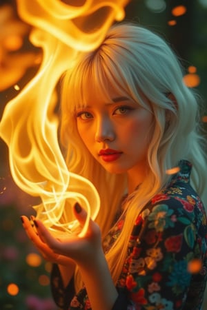 (High Definition: 1.1), (Full body flashing fire, overall mysterious white theme), cinematic lighting, ambient lighting, 17 years old, girl, yellow irises glowing with fire, very low angle, sly smile on face, lips with black lipstick, wavy bangs covering forehead, long straight white hair flowing down cheeks and partially covering face, reflecting a lively and energetic atmosphere. The stained glass patterned dress has exquisite details. She has black nails and is in a dynamic pose, the features of the subject engulfed in blazing fire are highly detailed, oriental and anatomically correct, and the same goes for the scene where the light is backlit and illuminates the face. The vividly colored subject contrasts with the blurred natural background. All textures, realistic skin, wrinkles and hair are rendered in 8K resolution with photo-realistic quality, inviting viewers into a dreamlike world.