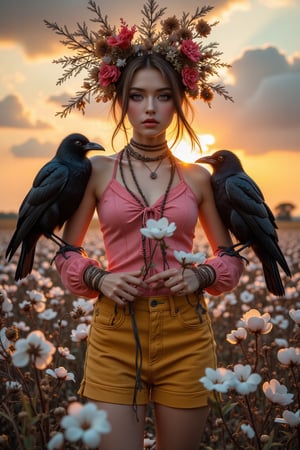 A magnificent oil painting masterpiece unfolds before us. The Scarecrow Maiden stands tall and in the middle, surrounded by a vast cotton field. Her stern gaze, smoky makeup, and wreath of old dead branches, rags, and dried flowers evoke a sense of mystery. Her vivid pearl pink and deep yellow shorts contrast with the natural tones of the setting sun. Two crows sit on her arms, their feathers rendered in exquisite detail. Every aspect of this fantasy world is meticulously crafted. Textures, skin, wrinkles, and hair all blend together perfectly, inviting the viewer into this surreal realm.