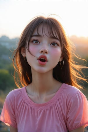 (Cinematic Lighting, Sunset: 1.2, High Definition), 17 years old, a girl, close up of upper body, extremely low angle, sparkling sapphire eyes, long brown hair with neat bangs She looks into the camera and playfully blows a kiss to the viewer, enjoying the joy of the moment, reflecting a lively and energetic atmosphere. There are exquisite details. Wearing a pink puff short-sleeved shirt, the subject's features are highly detailed and anatomically correct, the vividly colored subject is set against a random natural background. Every texture, every realistic skin, every wrinkle, every hair is rendered in 8k resolution with realistic painting quality, inviting the viewer into this dreamlike world.