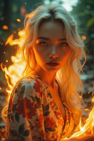 (Clear High Definition: 1.1), (Full body flashing fire, overall mysterious white theme), cinematic lighting, ambient lighting, 17 years old, girl, yellow irises glowing with fire, very low angle, sly smile on face, lips with black lipstick, wavy bangs covering forehead, long straight white hair flowing down cheeks and partially covering face, reflecting a lively and energetic atmosphere. The stained glass patterned dress has exquisite details. She has black nails and is in a dynamic pose, the features of the subject engulfed in blazing fire are highly detailed, oriental and anatomically correct, as is the scene where the light is backlit and illuminates the face. The vividly colored subject contrasts with the blurred natural background. All textures, realistic skin, wrinkles and hair are rendered in 8K resolution with photo-realistic quality, inviting viewers into a dreamlike world.