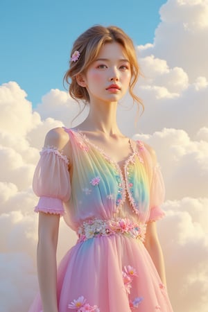 In a serene, surreal landscape, a stunning Finnish girl stands tall on a wispy white cloud, bathed in the warm glow of soft studio lighting. Her gradient rainbow dress, intricately patterned with lotus blooms, shimmers in vivid colors. The spotlight highlights her dynamic pose, showcasing her beautifully detailed facial features: delicate eyes with long eyelashes, perfectly symmetrical and framed by blonde curly hair. A small lotus hairpin adorns her left ear. She wears a jewelry ornament on her head, with simple lines drawing attention to her flawless face. Close-up, the camera captures every detail of her stunning visage, set against a brilliant blue sky. The artwork is rendered in 4K/8K high resolution, showcasing the highest quality digital concept art, with a cinematic feel that transports the viewer into this dreamlike world.