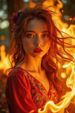 (Clear High Definition: 1.1), (Breathing fire from the whole body, heavy atmosphere), 17 years old, girl, yellow irises glowing with fire, very low angle, sly smile on face, lips with black lipstick, wavy bangs covering forehead, long fiery red hair flowing down cheeks and partially covering face reflects a lively and energetic atmosphere. The red dress decorated with ornate embroidery has exquisite details. The witch with black nails is in a dynamic pose, and the features of the subject engulfed in blazing fire are highly detailed and oriental and anatomically correct, as is the scene where the light is backlit and illuminates her face. The vividly colored subject contrasts with the blurred natural background. All textures, realistic skin, wrinkles, and hair are rendered in 8K resolution with photo-realistic quality, inviting viewers into a dreamlike world.