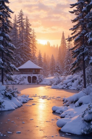 LANDSCAPE. A serene winter wonderland scene: The iconic German tourist attraction, the Devil's Bridge, stands majestically against a picturesque backdrop of snow-covered trees. In the foreground, a vibrant ice rink glows with warm golden light as the sun sets behind it, casting long shadows. Snowflakes fall from the sky at dynamic angles, and the accumulated snowdrifts sparkle with tiny ice crystals. The serene atmosphere is perfectly reflected in the glassy surface of the frozen pond.