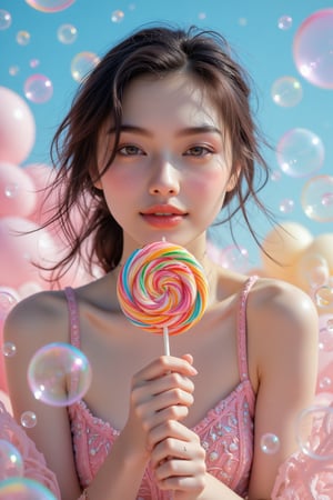 A mature 17-year-old girl sits serenely on a colorful cloud of blue, pink, yellow and green, her delicate hands holding a magnificent lollipop decorated with vivid swirls. The subject’s characteristic intricately expressed skin, prominent eyebrows and happy smile are exquisitely detailed and anatomically correct. Surrounded by lush and unpredictable transparent bubbles, the girl’s realistic face invites contemplation. In the unrealistic scene and situation, the very beautiful and aesthetic cinematic lighting further enhances the sweet atmosphere.