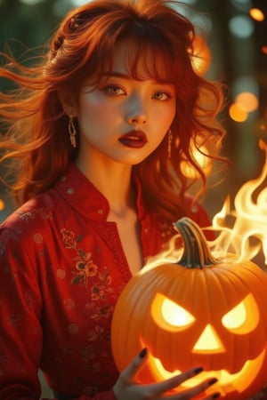 (Clear High Definition: 1.1), (Breathing fire from the whole body, heavy atmosphere), 17 years old, girl, yellow irises glowing with fire, very low angle, sly smile on face, lips with black lipstick, wavy bangs covering the forehead, fiery red hair flowing down the cheeks and partially covering the face reflect a lively and energetic atmosphere. The red dress decorated with ornate embroidery has exquisite details. The witch with black nails is in a dynamic pose, and the features of the subject engulfed in blazing fire are highly detailed and orientally anatomically accurate, as is the scene where the light from the pumpkin she is holding is backlit and illuminates the witch's face. The vividly colored subject contrasts with the blurred natural background. All textures, realistic skin, wrinkles, and hair are rendered in 8K resolution with photo-realistic quality, inviting viewers into a dreamlike world.