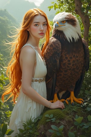 A majestic young woman with vibrant orange-blond locks cascading down her porcelain skin as she perches on a windswept cliffside, her unblemished features gazing directly at the viewer with an air of vulnerability. The regal eagle's piercing gaze beside her matches the observer's, its feathers rendered in exquisite detail against the lush forest's emerald hues and intricate textures.