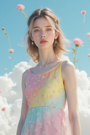 A serene and surreal landscape: a Finnish girl stands tall on a wispy white cloud, bathed in soft studio lighting. Her gradient rainbow dress, patterned with lotus blooms, shimmers in vivid colors. The spotlight highlights her dynamic pose, showcasing delicate eyes with long eyelashes, symmetrical features framed by blonde curly hair. A small lotus hairpin adorns her left ear, and a jewelry ornament on her head draws attention to her flawless face. Close-up, the camera captures every detail of her stunning visage against a brilliant blue sky.