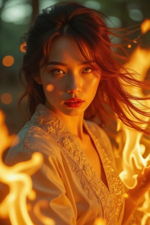 (Clear High Definition: 1.1), (Breathing fire from her whole body, overall white and ivory theme), cinematic lighting, ambient lighting, 17 years old, girl, yellow irises glowing with fire, very low angle, sly smile on her face, black lipstick lips, wavy bangs covering her forehead, long fiery red hair flowing down her cheeks and partially covering her face reflect a lively and energetic atmosphere. The dress decorated with ornate embroidery has elaborate details. The witch with black nails is in a dynamic pose, and the features of the subject engulfed in blazing fire are highly detailed and oriental and anatomically correct, as is the scene where the light is backlit and illuminates her face. The vividly colored subject contrasts with the blurred natural background. All textures, realistic skin, wrinkles, and hair are rendered in 8K resolution with photo-realistic quality, inviting the viewer into a dreamlike world.