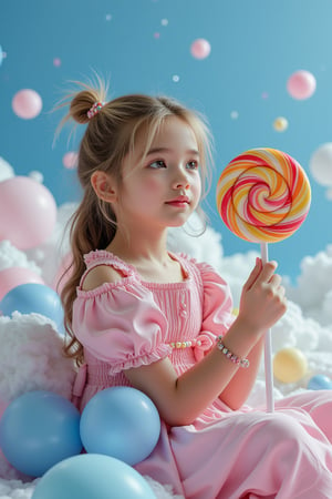 A whimsical Andersen-inspired scene unfolds: a 17-year-old girl sits serenely on a cloud of blue, pink, and yellow hues, her delicate hand cradling a majestic lollipop adorned with vibrant swirl patterns. The subject's features - intricately rendered skin, defined eyebrows, and subtle smile - are exquisitely detailed and anatomically correct. Against a lush, unpredictable natural backdrop, the girl's realistic visage invites contemplation.