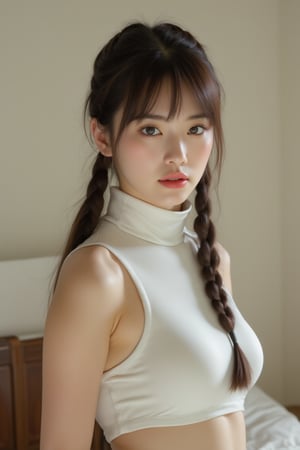 A young woman in her early twenties radiates mysterious beauty in a softly lit bedroom. She stands confidently, wearing a sleeveless white turtleneck sweater and a form-fitting cargo miniskirt, with long boots that add to her striking mature figure. Her light brown hair flows down her back in a straight, flowing style, with bangs perfectly framing her delicate features. Her symmetrical facial structure is accentuated by a stunning smile that seems to share a secret. The soft focus and airy quality of the photo creates an ArtStation-inspired feel, with a realistic cinematic panorama in ultra high definition.