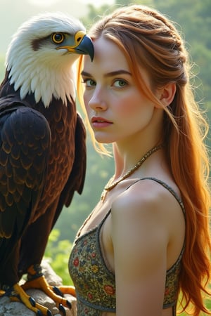 A majestic young woman with vibrant orange-blond locks cascading down her porcelain skin as she perches on a windswept cliffside, her unblemished features gazing directly at the viewer with an air of vulnerability. The regal eagle's piercing gaze beside her matches the observer's, its feathers rendered in exquisite detail against the lush forest's emerald hues and intricate textures.