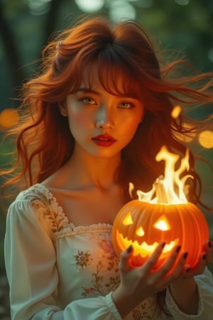 (Clear High Definition: 1.1), (Full body emitting fire, heavy atmosphere), 20 years old, girl, yellow irises glowing with fire, very low angle, face with a sly smile, lips with black lipstick, wavy bangs covering the forehead, long voluminous fiery red hair flowing down the cheeks and partially covering the face, reflecting a lively and energetic atmosphere. The white dress decorated with ornate embroidery has elaborate details. The witch with black nails is holding a Halloween pumpkin engulfed in blazing fire, and is in a dynamic pose showing off a pumpkin flower held in one hand. The subject's features are highly detailed and orientally anatomically correct, especially in the scene where the light from the pumpkin she is holding is backlit and illuminates the witch's face. The vividly colored subject contrasts with the blurred natural background. Every texture, realistic skin, wrinkle, and hair is rendered in 8K resolution with photo-realistic picture quality, inviting the viewer into a dreamlike world.