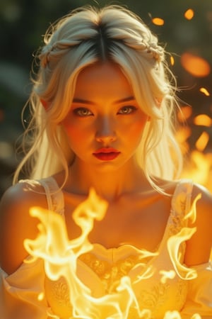 (Clear High Definition: 1.1), (Full body radiating fire, overall white and ivory theme), cinematic lighting, ambient lighting, 17 years old, girl, yellow irises glowing with fire, very low angle, sly smile on face, lips with black lipstick, wavy bangs covering forehead, long straight white hair flowing down cheeks and partially covering face reflects a lively and energetic atmosphere. The dress decorated with ornate embroidery has elaborate details. She has black nails and is in a dynamic pose, the features of the subject engulfed in blazing fire are very detailed and oriental and anatomically correct, as is the scene where the light is backlit and illuminates her face. The vividly colored subject contrasts with the blurred natural background. All textures, realistic skin, wrinkles and hair are rendered in 8K resolution with photo-realistic quality, inviting viewers into a dreamlike world.