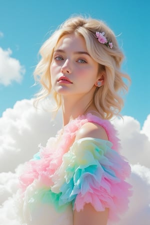 A serene and surreal landscape: a Finnish girl stands tall on a wispy white cloud, bathed in soft studio lighting. Her gradient rainbow dress, patterned with lotus blooms, shimmers in vivid colors. The spotlight highlights her dynamic pose, showcasing delicate eyes with long eyelashes, symmetrical features framed by blonde curly hair. A small lotus hairpin adorns her left ear, and a jewelry ornament on her head draws attention to her flawless face. Close-up, the camera captures every detail of her stunning visage against a brilliant blue sky.