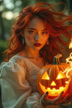 (Clear High Definition: 1.1), (Full body emitting fire, heavy atmosphere), 20 years old, girl, yellow irises glowing with fire, very low angle, face with a sly smile, lips with black lipstick, wavy bangs covering the forehead, long voluminous fiery red hair flowing down the cheeks and partially covering the face, reflecting a lively and energetic atmosphere. The white dress decorated with ornate embroidery has elaborate details. The witch with black nails is holding a Halloween pumpkin engulfed in blazing fire, and is in a dynamic pose showing off a pumpkin flower held in one hand. The subject's features are highly detailed and orientally anatomically correct, especially in the scene where the light from the pumpkin she is holding is backlit and illuminates the witch's face. The vividly colored subject contrasts with the blurred natural background. Every texture, realistic skin, wrinkle, and hair is rendered in 8K resolution with photo-realistic picture quality, inviting the viewer into a dreamlike world.