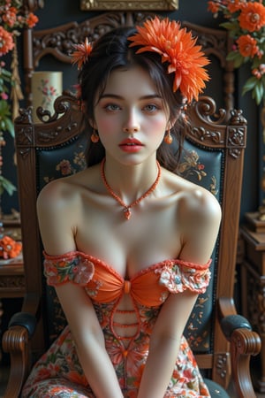 (Masterpiece), (Best Quality), Fantasy, Highly Detailed, Intricate, Highly Detailed, Illustration, Soft Lighting, One Woman, Orange Hair Flower, Dress, Bending Over and Smiling With Teeth, (Perfect Face), Seat, Desk, Ornate, Intricate, Dramatic Lighting, Detailed Background, Corrosive Material, Full Body, Digital Illustration,