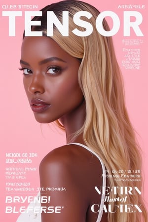 Magazine cover, (Magazine Cover: 1.3), (Realistic: 1.3), (Original: 1.2), Masterpiece, Top quality, Beautiful and clean face, Young and beautiful perfect face woman, African descent, Natural straight blonde wavy long hair, Blue eyes, Smokey eye makeup, Glitch art, (Digital distortion), Visual chaos, Modern aesthetic, Poster, Album cover, Title text “Tensor Art” in white letters with black border on pastel pink background.