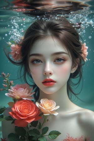 (Best quality, 8k, highly detailed realistic photo), (Cinematic soft lighting), side lighting, precise high quality, serene, elegantly captured with the refined features of a young woman posing with delicate roses. With her random hairdo, half of her face is floating on the rippling water surface, the other half is submerged in water, and her gentle smile creates a beautiful and mysterious atmosphere. Her porcelain skin, softly illuminated from above, shines in contrast to the subtle underwater background. There are colorful underwater bubbles, exquisite details. The subject's features are highly detailed and anatomically correct, and the vividly colored subject is contrasted against the random natural background. Every texture, every realistic skin, every wrinkle, every hair is rendered in 8k resolution with realistic picture quality, inviting the viewer into this dreamlike world.