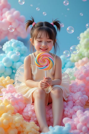 A whimsical Andersen-inspired scene unfolds. A mature 17-year-old girl sits serenely on a colorful cloud of blue, pink, yellow and green, her delicate hands holding a magnificent lollipop decorated with vivid swirls. The subject’s characteristically intricately detailed skin, defined eyebrows and happy smile are anatomically accurate. The girl’s realistic face, surrounded by lush and unpredictable transparent bubbles, invites reflection. In the midst of the unrealistic scene and situation, the sweet atmosphere is further enhanced by the exquisitely beautiful and aesthetically pleasing cinematic lighting.